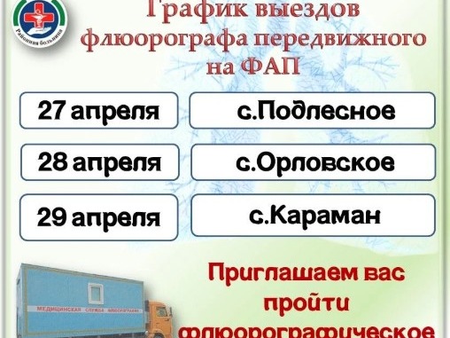 График работы передвижного флюорографа с 27 по 29 апреля.